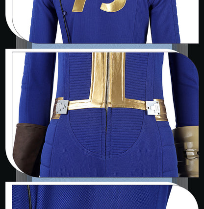 Blue & Yellow Vault Dweller Onesie - Tight Female Jumpsuit Cosplay Set | Post-Apoc Bodysuit + Gauntlets