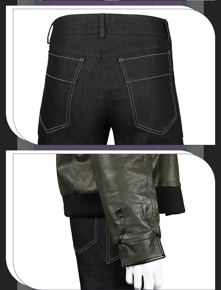 Cyberpunk Streetwear Embroidered Bomber Jacket & Tactical Pants - Male Full Ensemble with Belt Accessories