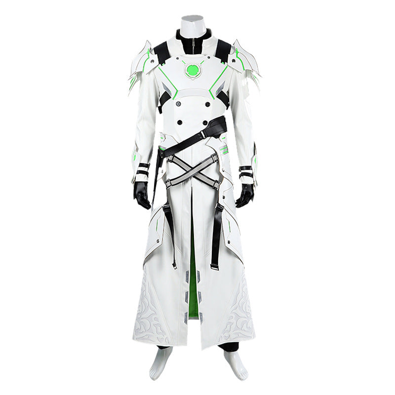 Young Silver Warrior White Lifestream Style Jacket - Shoulder Armor Belt Gloves Cosplay Ensemble Male