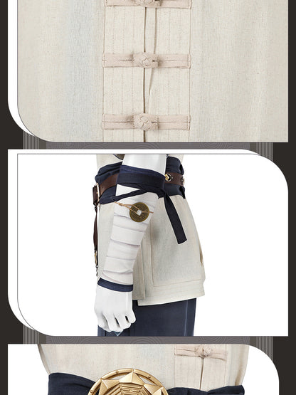 Electric Fighter White Outfit - Blue Accents Cosplay Suit Male | Belt Wrist Guards