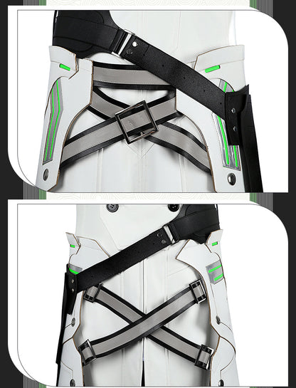 Young Silver Warrior White Lifestream Style Jacket - Shoulder Armor Belt Gloves Cosplay Ensemble Male