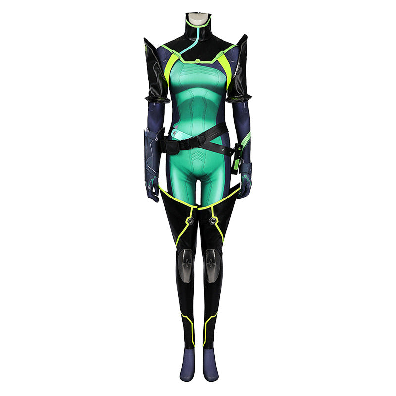 Toxic Green Black Tight Bodysuit Cosplay Set - Helmet Mask Gloves Belt Female Venom Theme Outfit