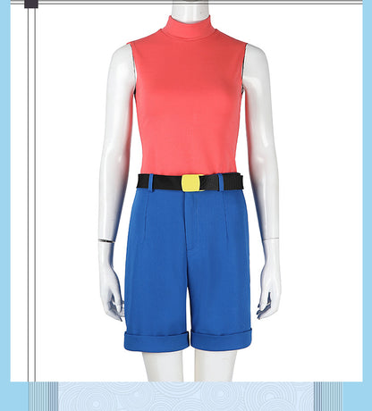 Yellow Trench Coat Pink Shirt Ensemble - Full Cosplay with Sunglasses Gloves Belt Female Retro Anime Style