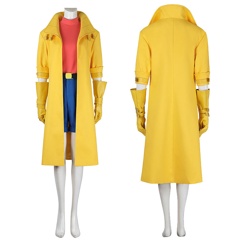Yellow Trench Coat Pink Shirt Ensemble - Full Cosplay with Sunglasses Gloves Belt Female Retro Anime Style