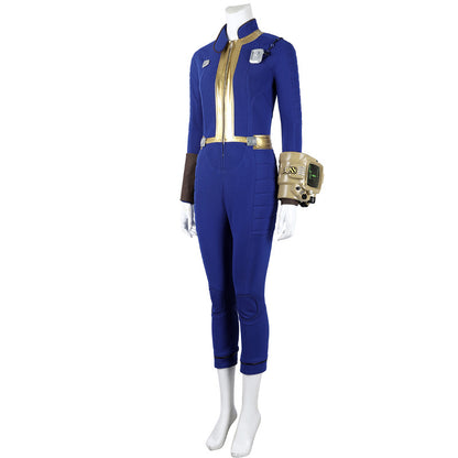 Blue & Yellow Vault Dweller Onesie - Tight Female Jumpsuit Cosplay Set | Post-Apoc Bodysuit + Gauntlets