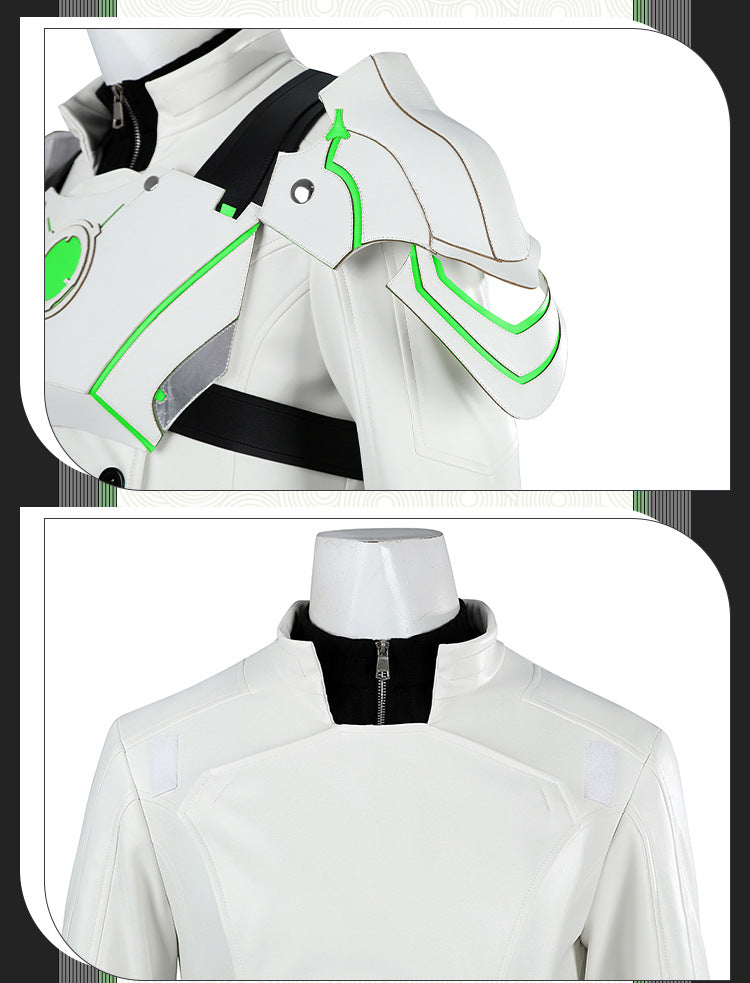 Young Silver Warrior White Lifestream Style Jacket - Shoulder Armor Belt Gloves Cosplay Ensemble Male