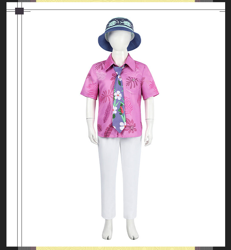 Green Hawaiian Fox Shirt & Purple Tie Ensemble - Fox Tail Headpiece Cosplay Costume for Children & Adults