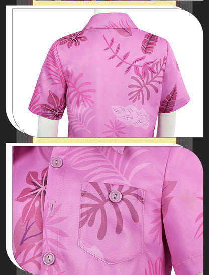 Green Hawaiian Fox Shirt & Purple Tie Ensemble - Fox Tail Headpiece Cosplay Costume for Children & Adults