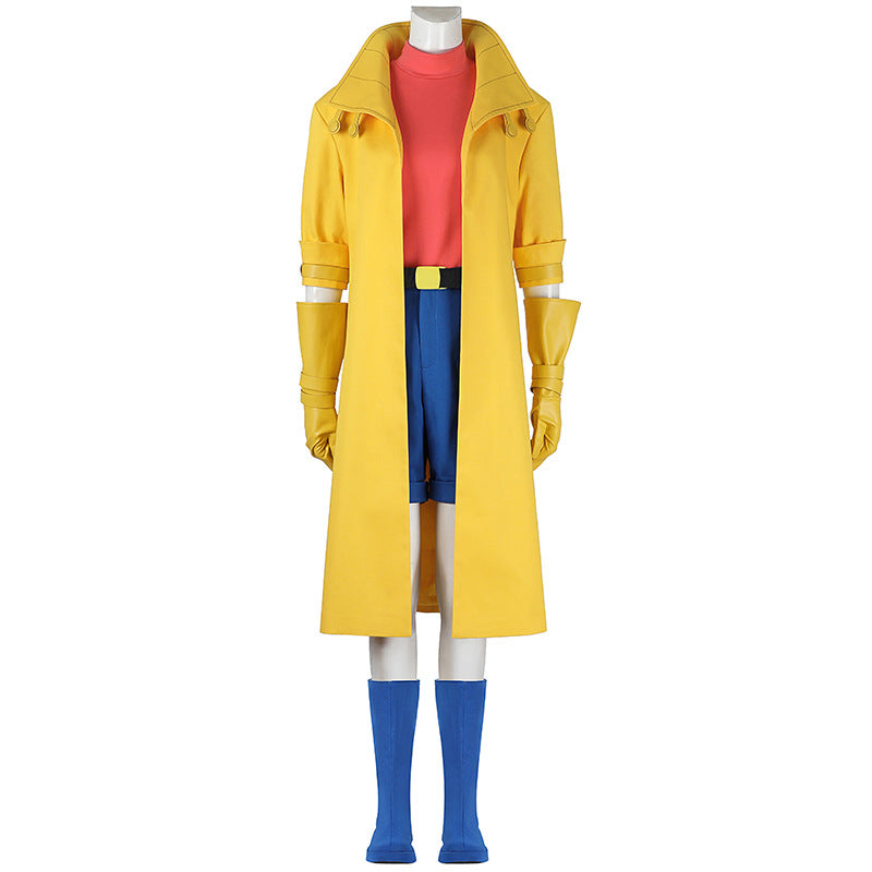 Yellow Trench Coat Pink Shirt Ensemble - Full Cosplay with Sunglasses Gloves Belt Female Retro Anime Style