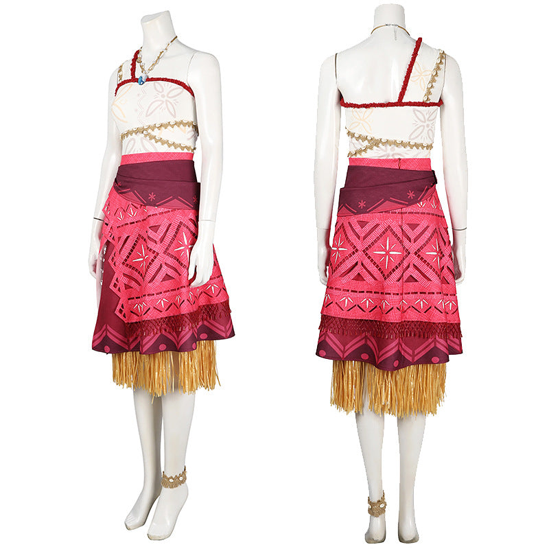 Polynesian Explorer Dress - Manta Ray Print Red Skirt & Crop Top | Women & Children Cosplay Set with Necklace