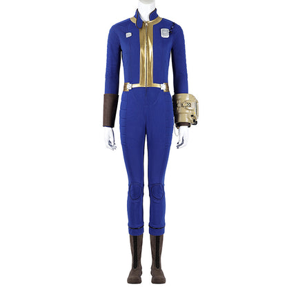 Blue & Yellow Vault Dweller Onesie - Tight Female Jumpsuit Cosplay Set | Post-Apoc Bodysuit + Gauntlets