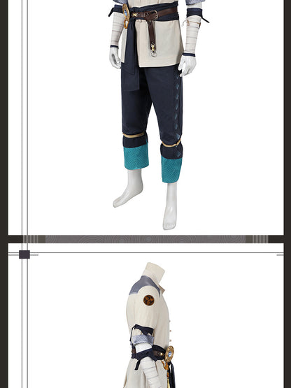 Electric Fighter White Outfit - Blue Accents Cosplay Suit Male | Belt Wrist Guards