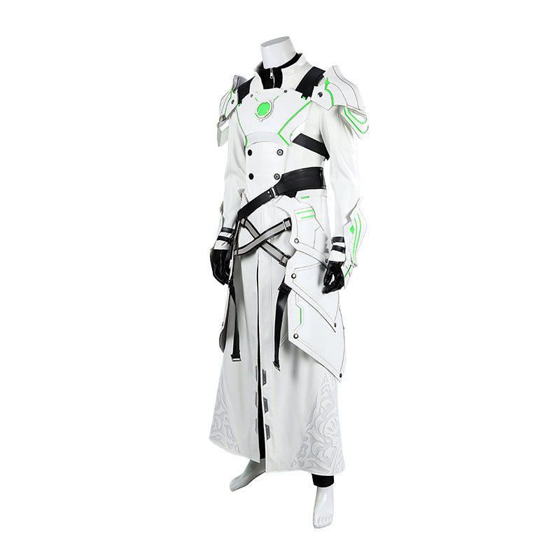 Young Silver Warrior White Lifestream Style Jacket - Shoulder Armor Belt Gloves Cosplay Ensemble Male