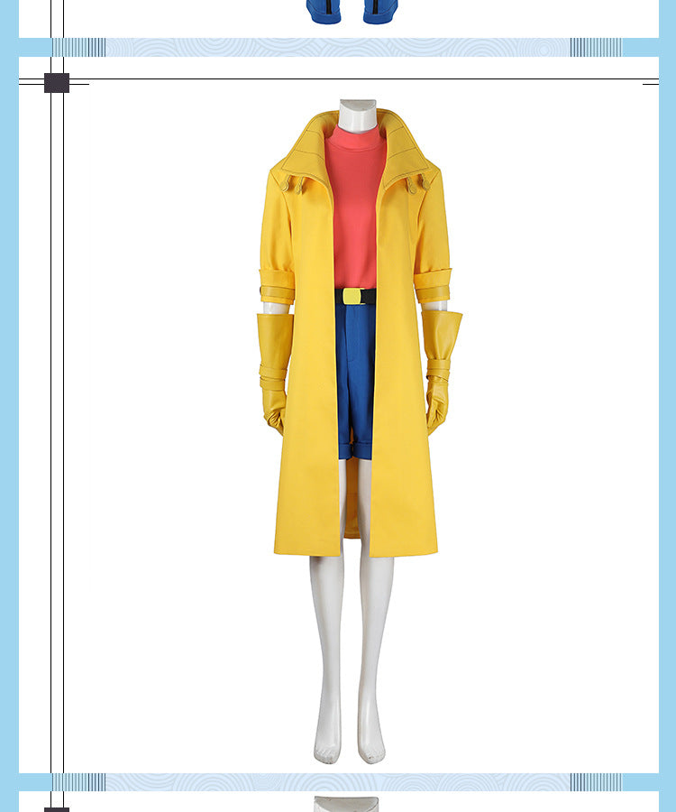 Yellow Trench Coat Pink Shirt Ensemble - Full Cosplay with Sunglasses Gloves Belt Female Retro Anime Style