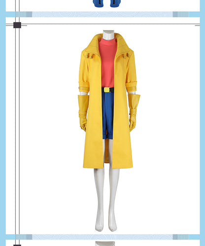 Yellow Trench Coat Pink Shirt Ensemble - Full Cosplay with Sunglasses Gloves Belt Female Retro Anime Style