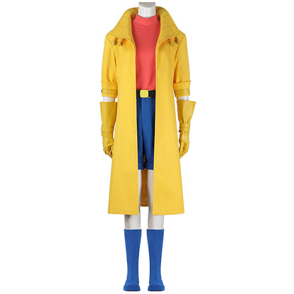 Yellow Trench Coat Pink Shirt Ensemble - Full Cosplay with Sunglasses Gloves Belt Female Retro Anime Style