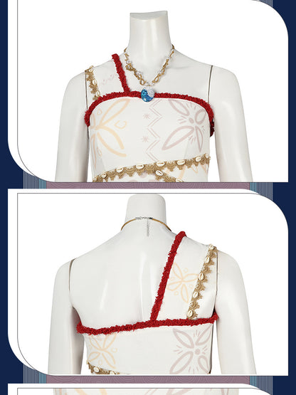 Polynesian Explorer Dress - Manta Ray Print Red Skirt & Crop Top | Women & Children Cosplay Set with Necklace