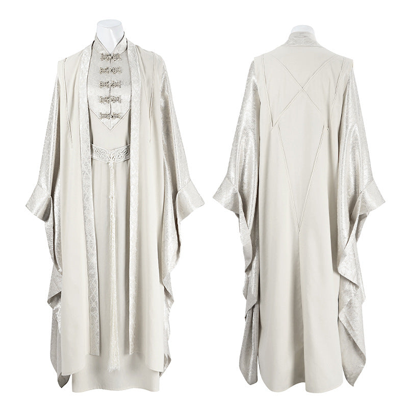 Epic White Flowing Wizard Robe with Hood - Cinematic Fantasy Mage Cosplay Set for Men