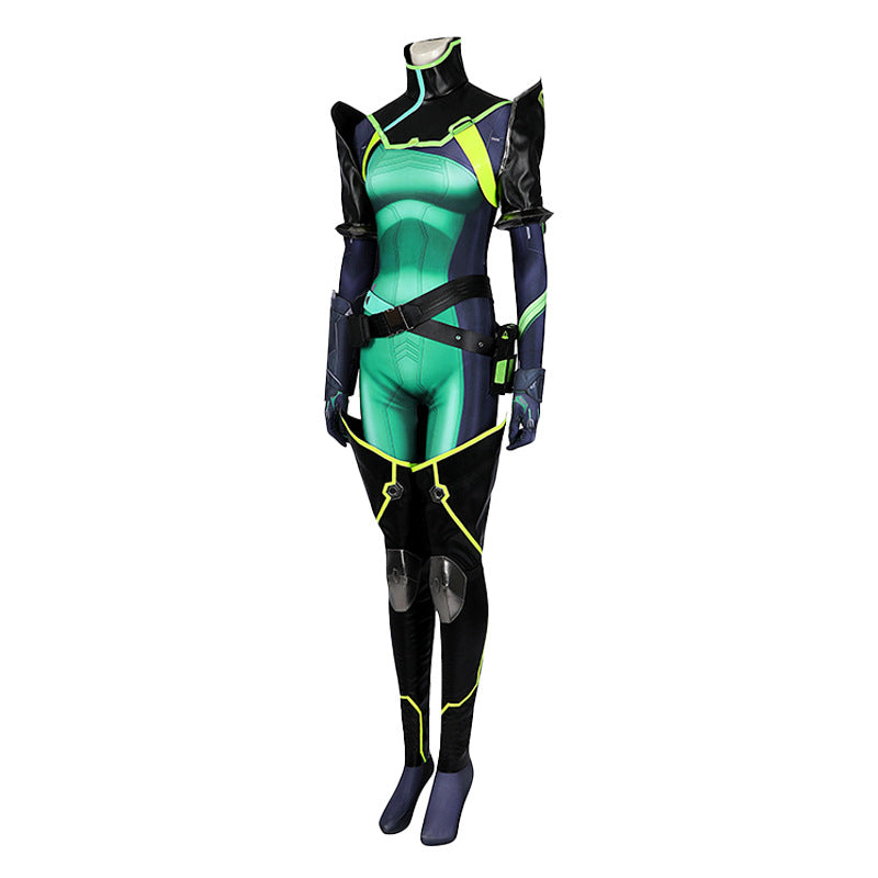 Toxic Green Black Tight Bodysuit Cosplay Set - Helmet Mask Gloves Belt Female Venom Theme Outfit