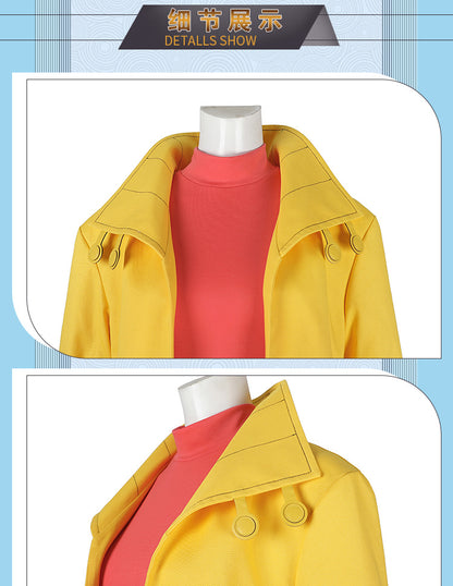 Yellow Trench Coat Pink Shirt Ensemble - Full Cosplay with Sunglasses Gloves Belt Female Retro Anime Style