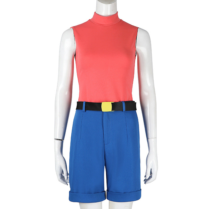 Yellow Trench Coat Pink Shirt Ensemble - Full Cosplay with Sunglasses Gloves Belt Female Retro Anime Style