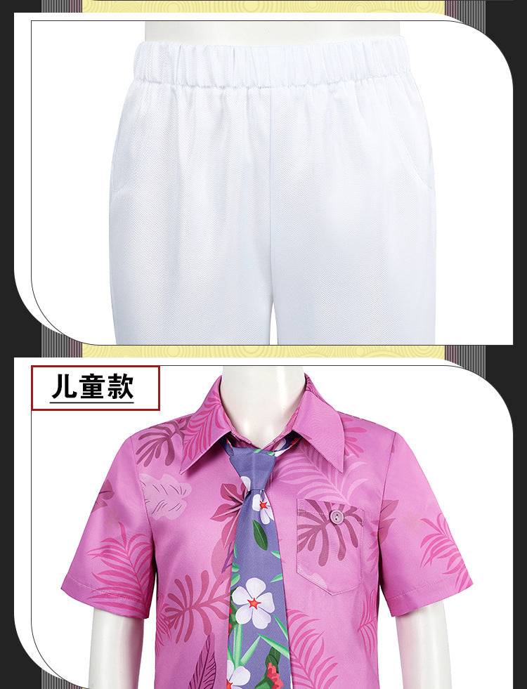 Green Hawaiian Fox Shirt & Purple Tie Ensemble - Fox Tail Headpiece Cosplay Costume for Children & Adults