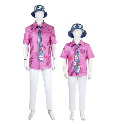 Green Hawaiian Fox Shirt & Purple Tie Ensemble - Fox Tail Headpiece Cosplay Costume for Children & Adults