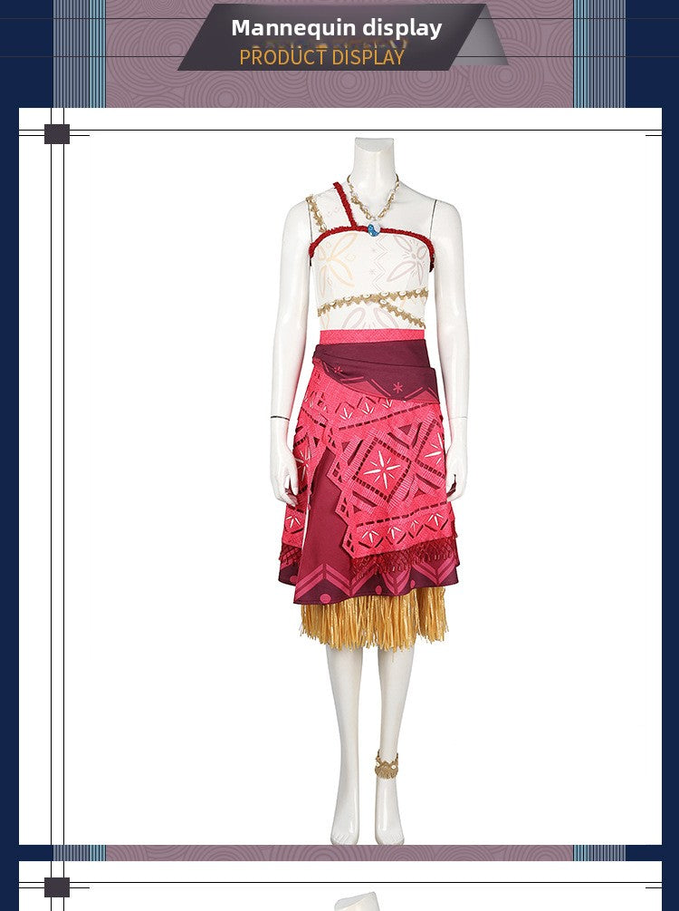 Polynesian Explorer Dress - Manta Ray Print Red Skirt & Crop Top | Women & Children Cosplay Set with Necklace