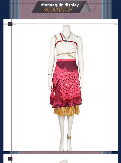 Polynesian Explorer Dress - Manta Ray Print Red Skirt & Crop Top | Women & Children Cosplay Set with Necklace