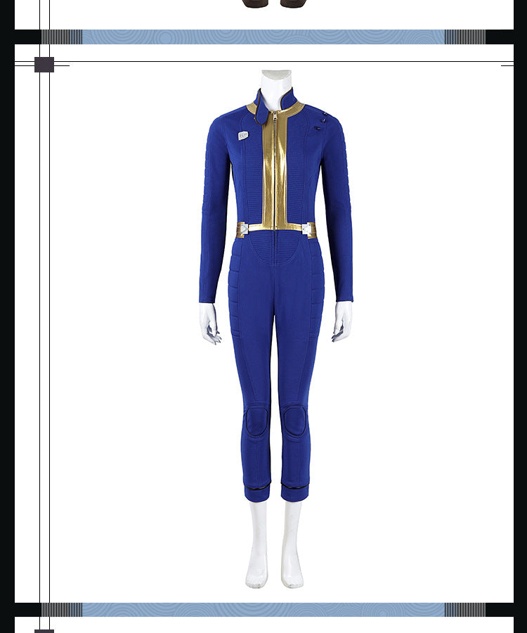 Blue & Yellow Vault Dweller Onesie - Tight Female Jumpsuit Cosplay Set | Post-Apoc Bodysuit + Gauntlets