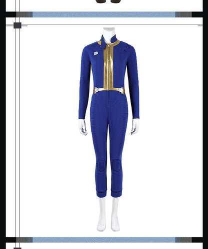 Blue & Yellow Vault Dweller Onesie - Tight Female Jumpsuit Cosplay Set | Post-Apoc Bodysuit + Gauntlets