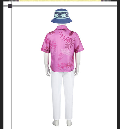 Green Hawaiian Fox Shirt & Purple Tie Ensemble - Fox Tail Headpiece Cosplay Costume for Children & Adults