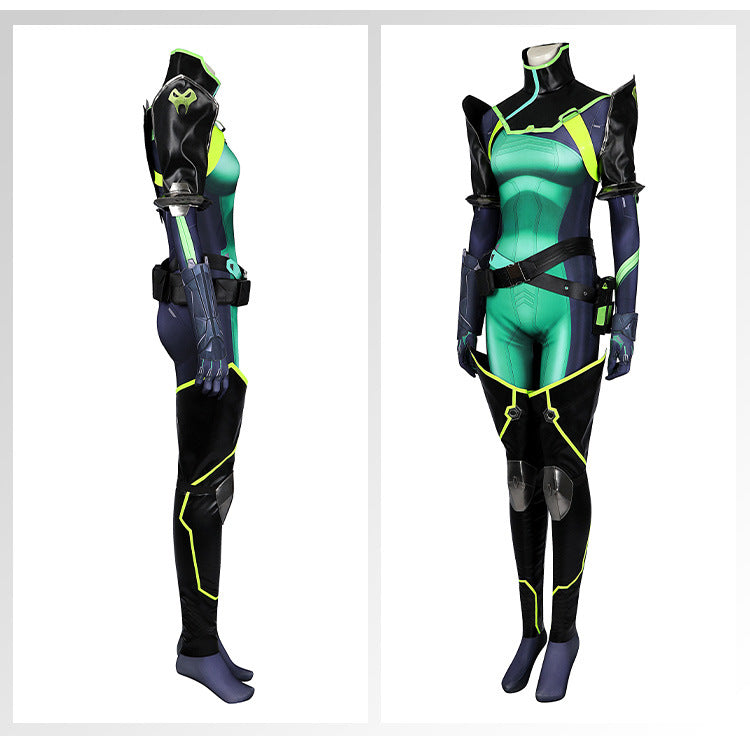 Toxic Green Black Tight Bodysuit Cosplay Set - Helmet Mask Gloves Belt Female Venom Theme Outfit