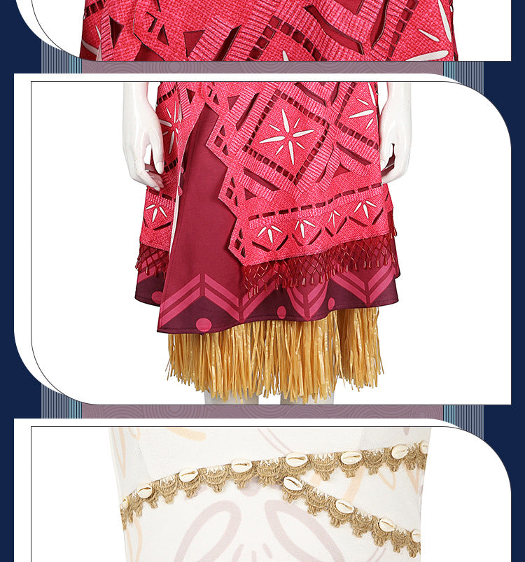 Polynesian Explorer Dress - Manta Ray Print Red Skirt & Crop Top | Women & Children Cosplay Set with Necklace