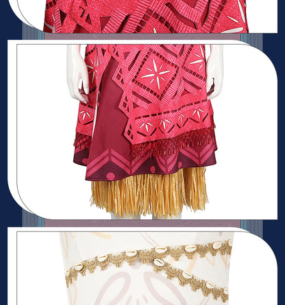 Polynesian Explorer Dress - Manta Ray Print Red Skirt & Crop Top | Women & Children Cosplay Set with Necklace