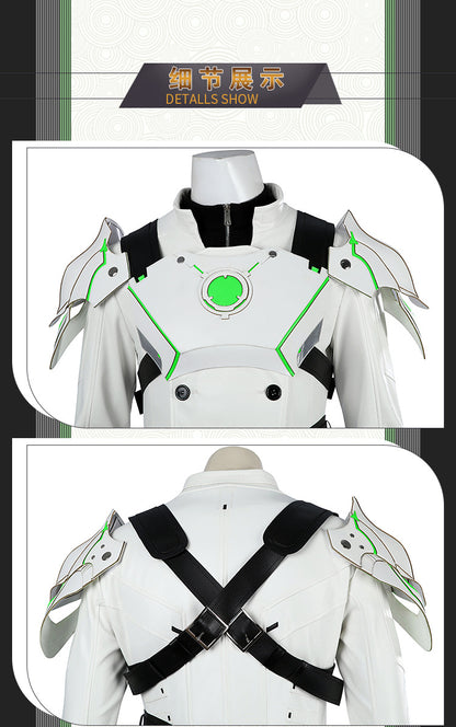 Young Silver Warrior White Lifestream Style Jacket - Shoulder Armor Belt Gloves Cosplay Ensemble Male