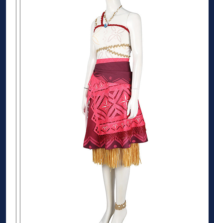 Polynesian Explorer Dress - Manta Ray Print Red Skirt & Crop Top | Women & Children Cosplay Set with Necklace