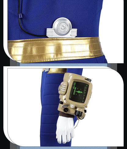 Blue & Yellow Vault Dweller Onesie - Tight Female Jumpsuit Cosplay Set | Post-Apoc Bodysuit + Gauntlets