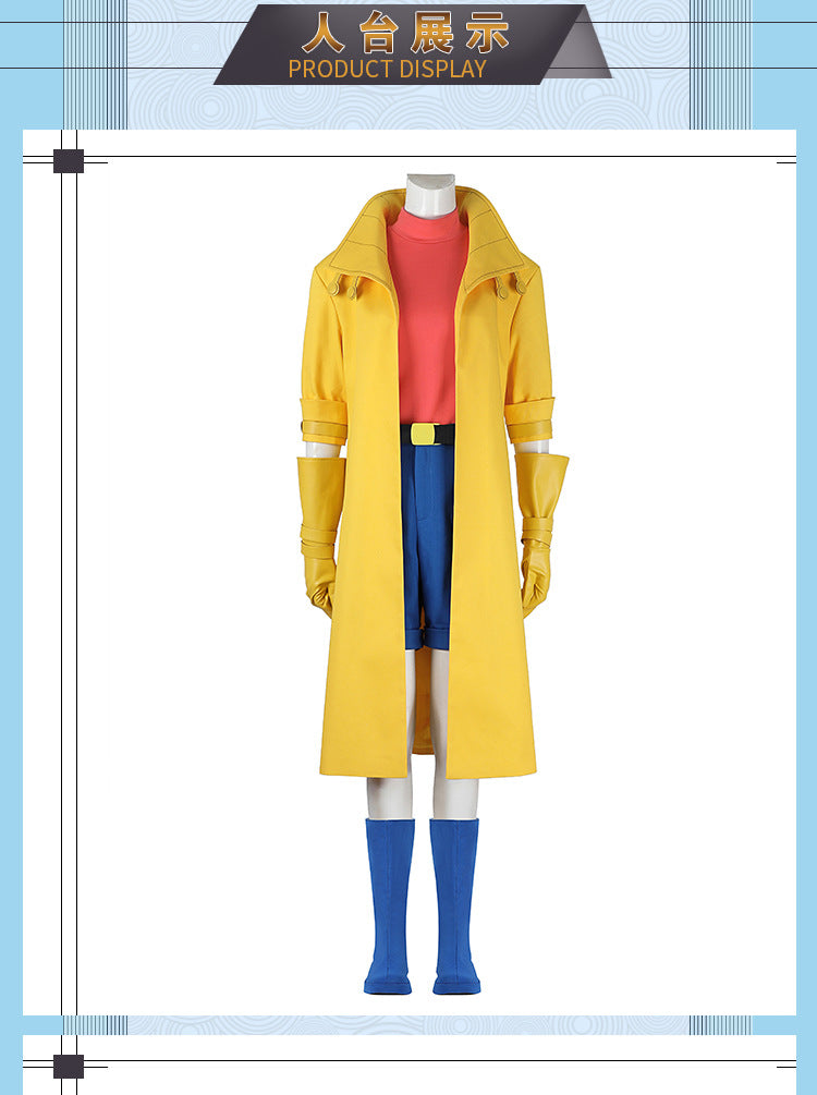 Yellow Trench Coat Pink Shirt Ensemble - Full Cosplay with Sunglasses Gloves Belt Female Retro Anime Style
