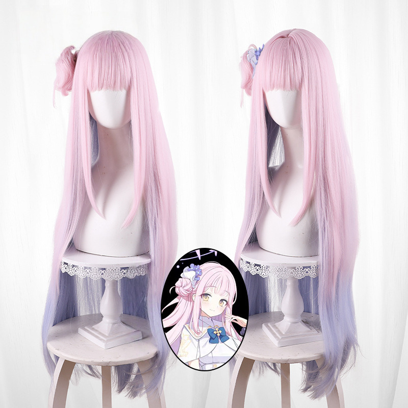 Mika Misono Gradient Pink Long Straight Hair Bun Cosplay Wig for Blue Archive - 563A