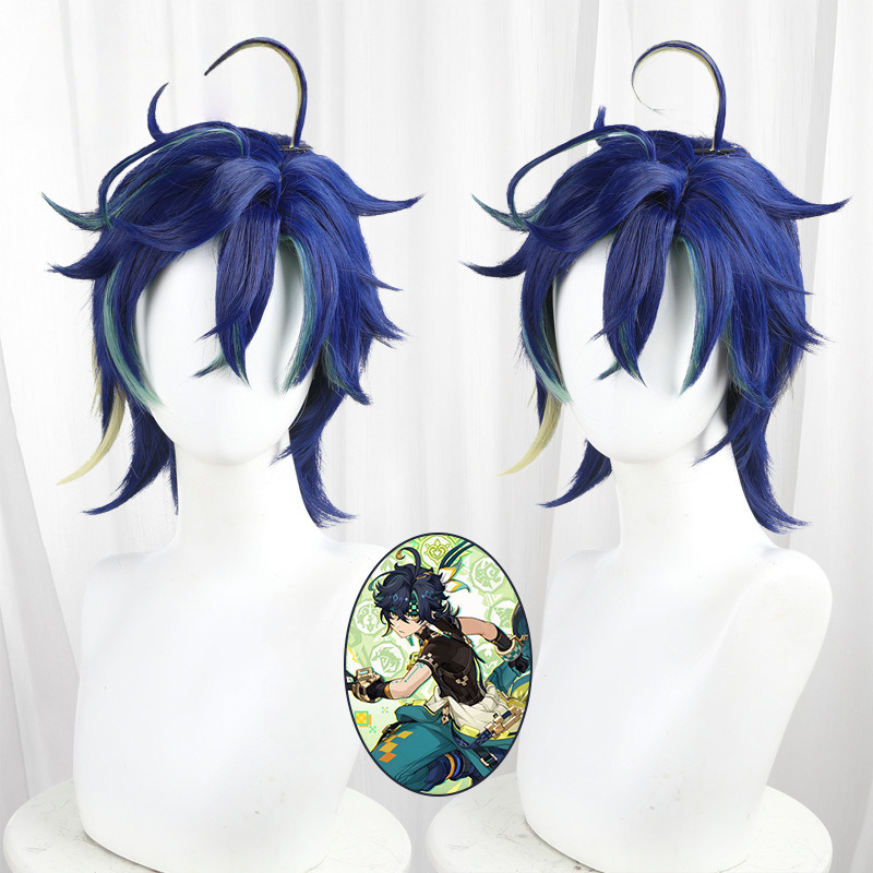 Kinich Highlighted Cyan Scalp-top Short Cosplay Wig for Genshin Impact - 559U - image 1