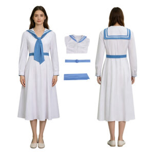 Women Vintage Sailor Collar Midi Dress Long Sleeve For Cosplay Party Daily Wear