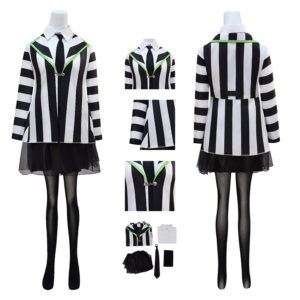 Women BeetleJuice Keaton Cosplay Dress Costume Black White Striped Suite Halloween