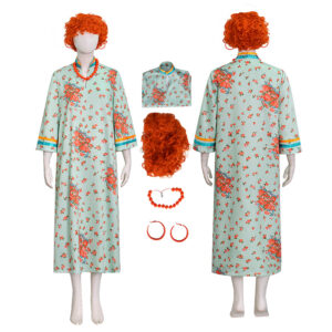 Mrs Roper Cosplay Costume Mint Green Floral Cheongsam Maxi Dress Wig 70s Suit