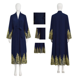 Navy Blue Embroidered Open Abaya Kimono Muslim Women's Modest Dress
