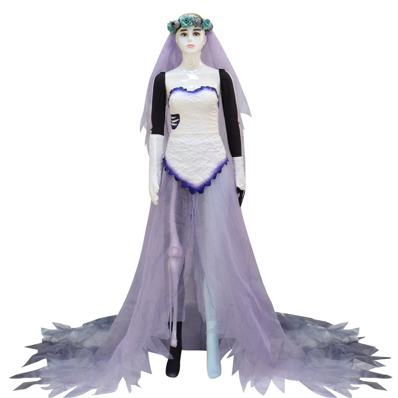Corpse Bride Wedding Dress Corpse Bride Emily White Cosplay Costume Halloween Carnival Suit - Image 2