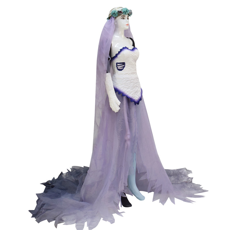 Corpse Bride Wedding Dress Corpse Bride Emily White Cosplay Costume Halloween Carnival Suit - Image 3