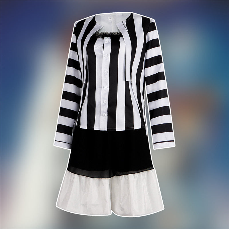 Lydia Deetz Dress Beetlejuice Lydia Black White Stripe Cosplay Costume Halloween Carnival Suit - Image 2