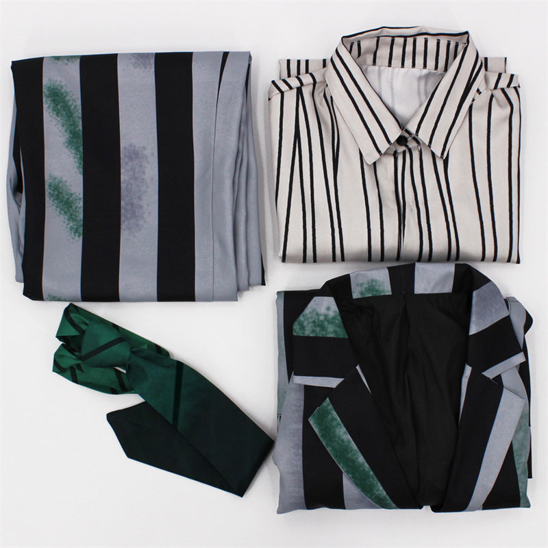 Beetlejuice Gray Green and Black Striped Suit Halloween Party Cosplay Costume - Image 14