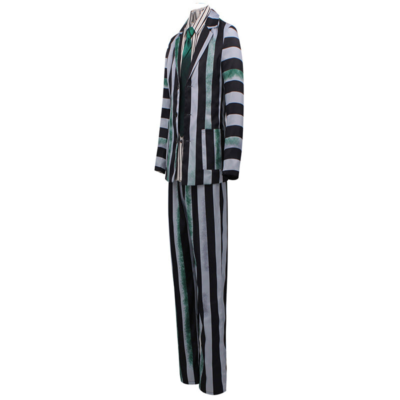 Beetlejuice Gray Green and Black Striped Suit Halloween Party Cosplay Costume - Image 3